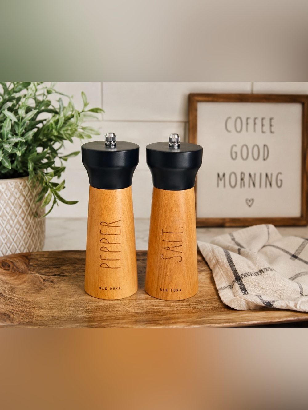 Rae Dunn SALT & PEPPER Bamboo Grinder Set Navy Blue Adjustable Ceramic Mills